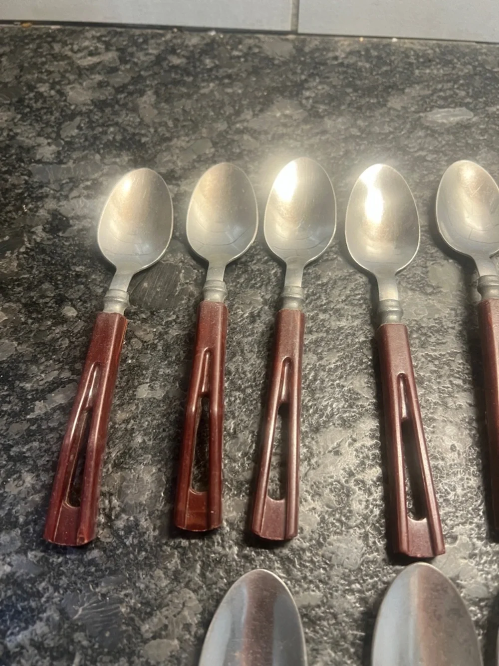 14 piece MCM Bakelite Brown Handle Stainless Steel Fork and Spoon Set - Stanhome